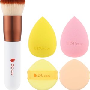 DUcare Foundation Brush with Makeup Sponges Puff Flat Top Kabuki Brush for Liquid Blending Mineral Powder Buffing Stippling