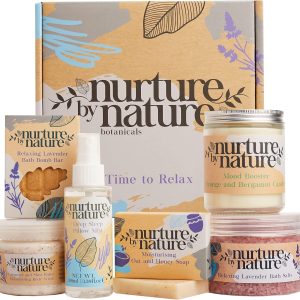 Nurture by Nature RELAX & CALM Spa Kit, Spa Gift Baskets For Women - Complete Bath Sets for Women Gift - Lavender Pillow Mist, Bath Salts, Soap, Bath Bomb, Candle, Body Scrub - Self Care Gift Basket
