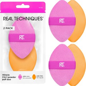 Real Techniques Miracle 2-In-1 Powder Puff, Dual-Sided, Full-Size Makeup Blending Puff, Reversible Elastic Band, Precision Tip Makeup Sponge & Powder Puff, For Liquid, Cream & Powder, 2 Count