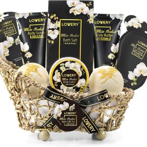 Spa Bath Set for Women, Men, Teens - White Orchid Home Spa Set with Vitamin E and Shea Butter with Body Butter, Body Scrub, Lotion, Ex-Large Bath Bombs, Salts, Pair of Hand & Foot Masks