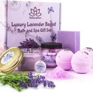 Spa Gift Baskets for Women Organic Lavender, Bath and Body At Home, Spa Kit, Soy Wax Candle, Natural Oil Bath Salt, 3 Bath Bombs, Soap Bar, Body Sugar Scrub, for Mom, Girls