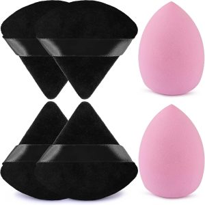 WSYUB Blenders Sponge& Powder Puff, 2pcs Beauty Makeup Sponge for Blending and 4pcs Black Triangle Velvet Powder Puff